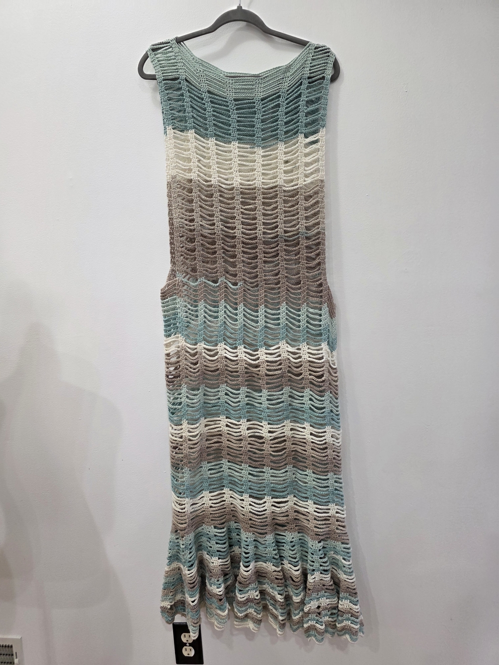 Crochet Striped Maxi Dress in Aqua, Cream & Taupe